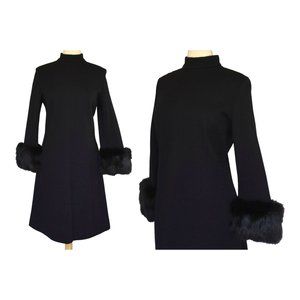 Vintage 60s Black Dress with Fox Fur Cuffs, Made in Italy by Carin, Size Large